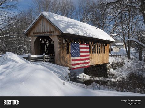 Snow Covered Bridge American Flag Image And Photo Bigstock