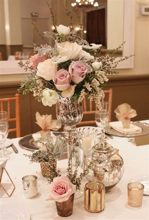 Vintage Style Flowers Mercury Glass Elegant Wedding Centerpiece