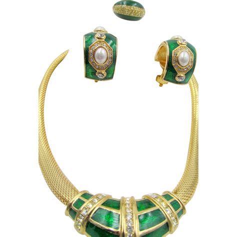 Christian Dior Green Enamel And Rhinestone Necklace Ring And Earring Set Dior Jewelry