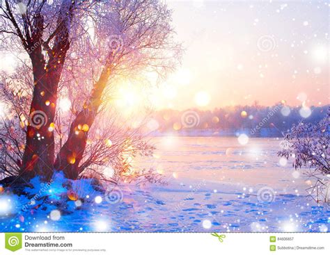Beautiful Winter Landscape Scene With Ice River Stock