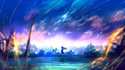 Download 1366x768 Anime Girl Falling Stars Scenic Colorful Landscape Wallpapers For Laptop