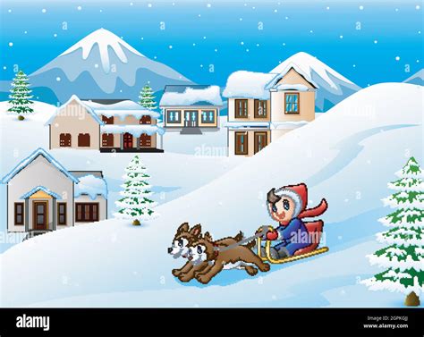 Cartoon Boy Riding Sled On The Downhill Pulled By Two Dogs Stock Vector