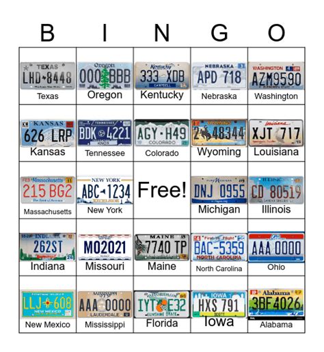 License Plate Bingo Card