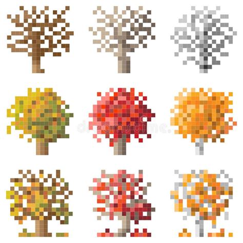 Set Of Pixel Autumn Treebirch Oak Apple Tree Stock Vector