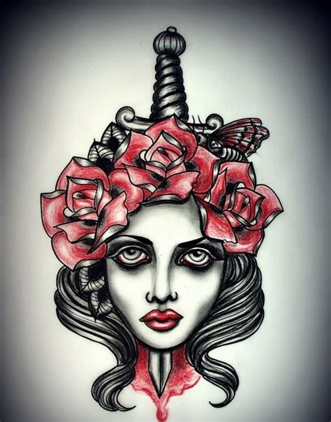 Black And Red Vampire Girl Head Pierced With A Dagger And Roses Tattoo