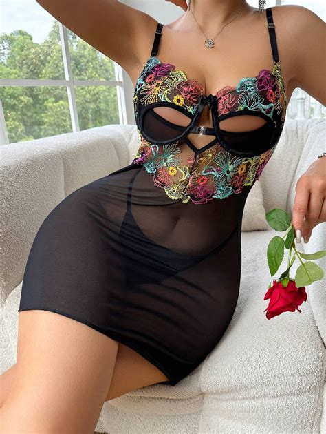 Classic Sexy Flower Embroidered Sheer Mesh Sexy Lingerie Set Shein Uk