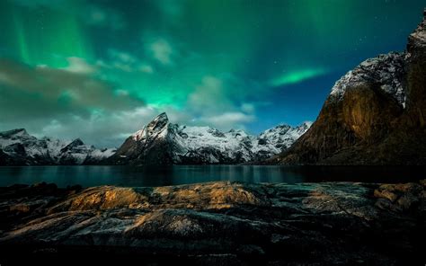 Norway Night Mountains Northern Lights Coast Wallpaper Nature And