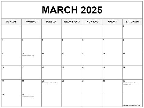Calendar March 2025 With Holidays
