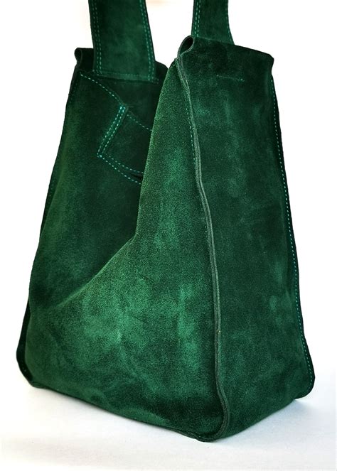 Suede Shoulder Bag Green Leather Shopper Bag Slouch Bag Etsy