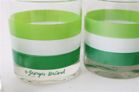 Vintage Georges Briard Cabana Green Stripes Old Fashioned Tumblers Lowballs Drinking Glasses