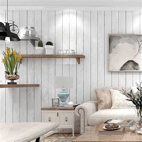 Country Rustic Wood Panel Look White Striped Wallpaper Industrial Shop