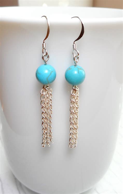 Genuine Polished Turquoise Bead Silver Chain Earrings Etsy