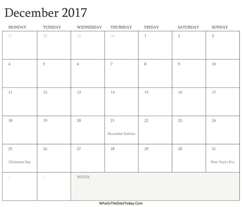 Editable Calendar December 2017 With Holidays Whatisthedatetodaycom