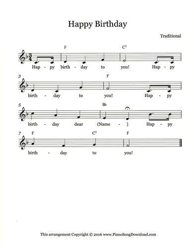 4/4 time version in c major with flowing left hand quavers. Happy Birthday, free lead sheet to print from Piano Song ...