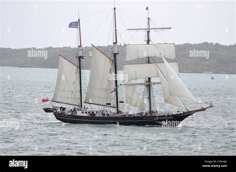 Three Masted Sailing Ship Spirit Of New Zealand Off Rangitoto Entering