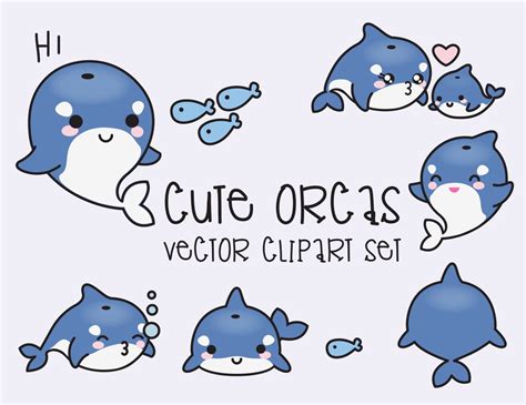 Premium Vector Clipart Kawaii Orcas Cute Orcas Clipart Set Etsy