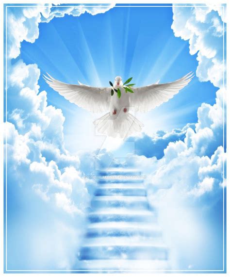 A White Dove Flying In The Sky With Stairs Leading Up To It