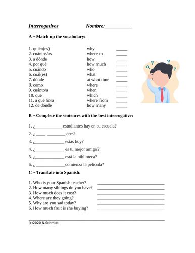 Spanish Question Words Interrogatives Vocabulary Worksheet