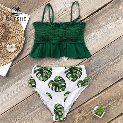 Cupshe Apron Green Leaf Print High Waisted Bikini Sets Women Ruffle Two