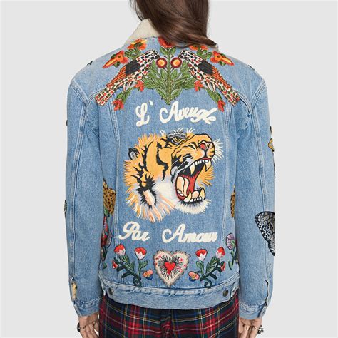 Gucci Embroidered Denim Jacket In Blue Lyst