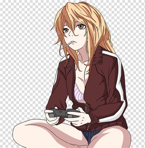 Sexy Gamer Girl Sitting Blonde Haired Woman Wearing Brown And White
