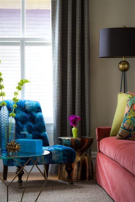 Eclectic Living Room With Mauve Velvet Sofa And Tufted Blue Chair