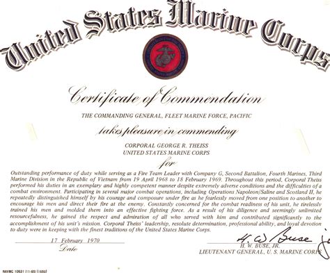 Usmc Certificate Of Commendation For George Theiss Training