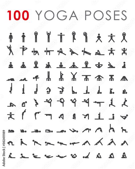 Big Yoga Poses Asanas Icons Set All Asanas 100 Poses Vector