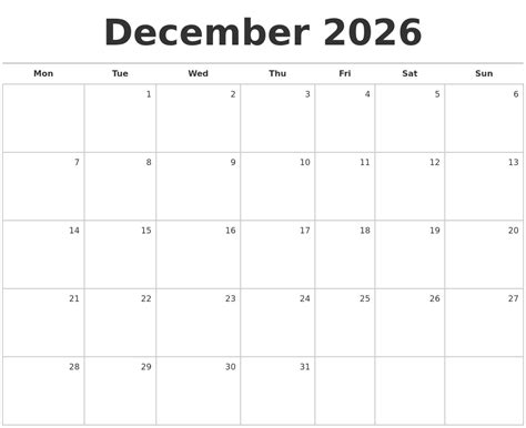 December 2026 Blank Monthly Calendar
