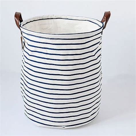 Fabric Canvas Blue Stripe Laundry Storage Buckets Bags Foldable