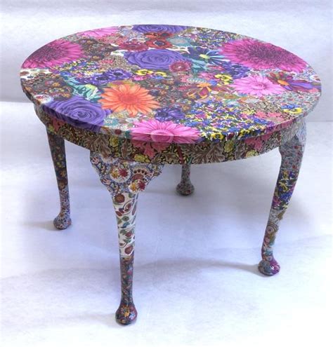 Heavy table made of solid wood. Fabric decoupage furniture photos