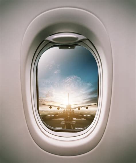 Airplane Window View To Runway With Huge Airplane Stock Image Image