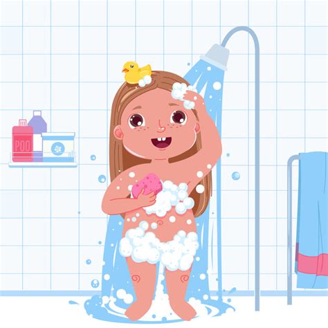 Personagem De Menina Pequena Criança Tomar Um Banho
