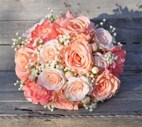 Peach Rose Wedding Bouquet Silk Flower Bouquet Made With Coral Roses