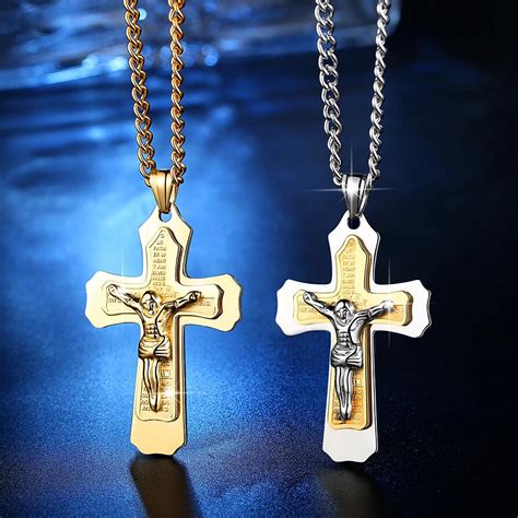 Gold Multilayer Cross Christ Jesus Pendant Necklace For Men Stainless
