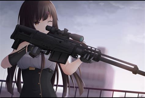 Anime Girls Dark Hair Girls With Guns Sniper Rifle Weapon Anime
