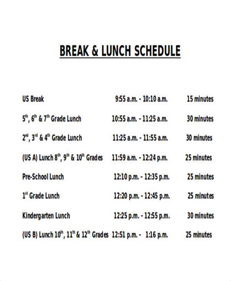 Free Lunch Schedule Samples And Templates In Pdf Ms Word