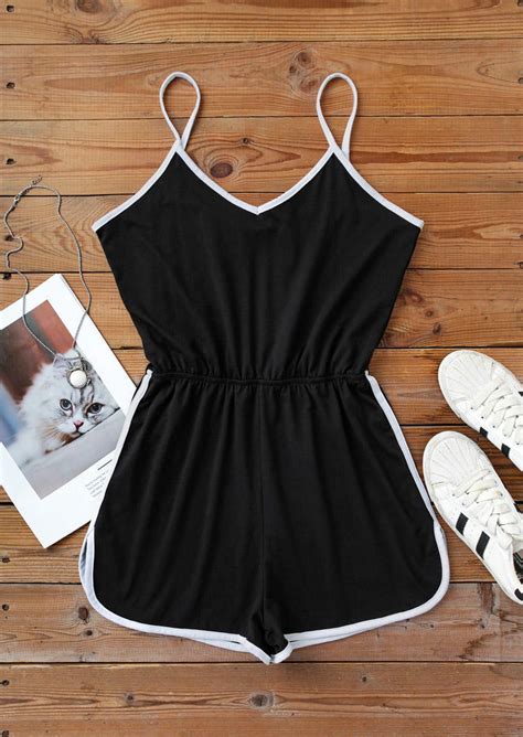 High Waist Backless Spaghetti Strap Romper Black Bellelily