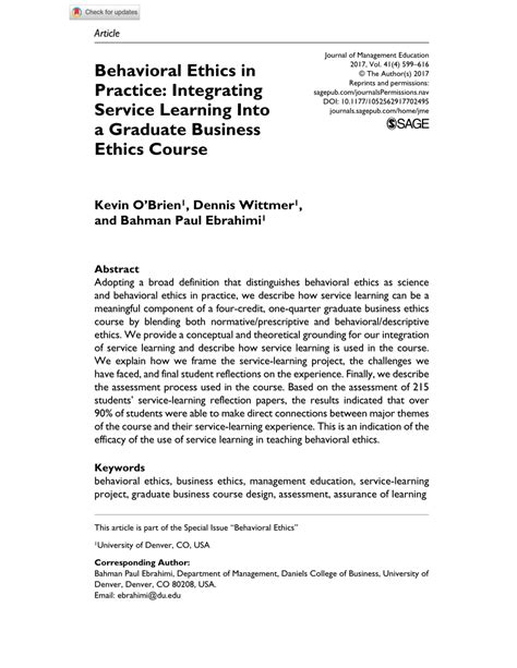 Pdf Behavioral Ethics In Practice Integrating Service Learning Into