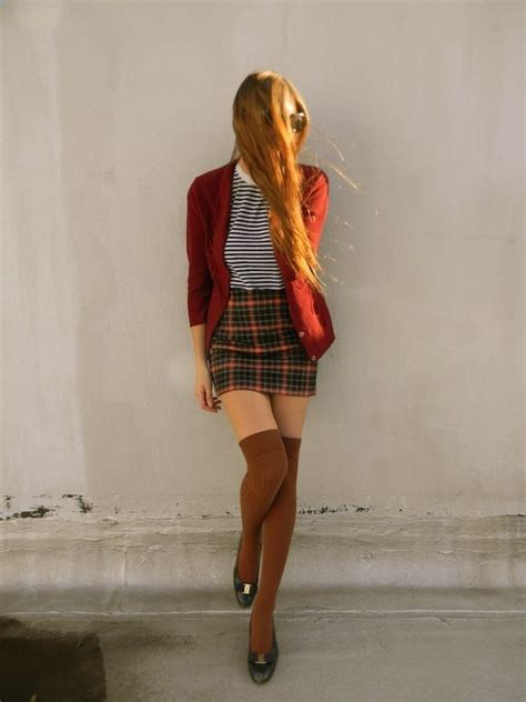 Plaid Skirt Striped Shirt Sweater Knee High Socks Fashion Style