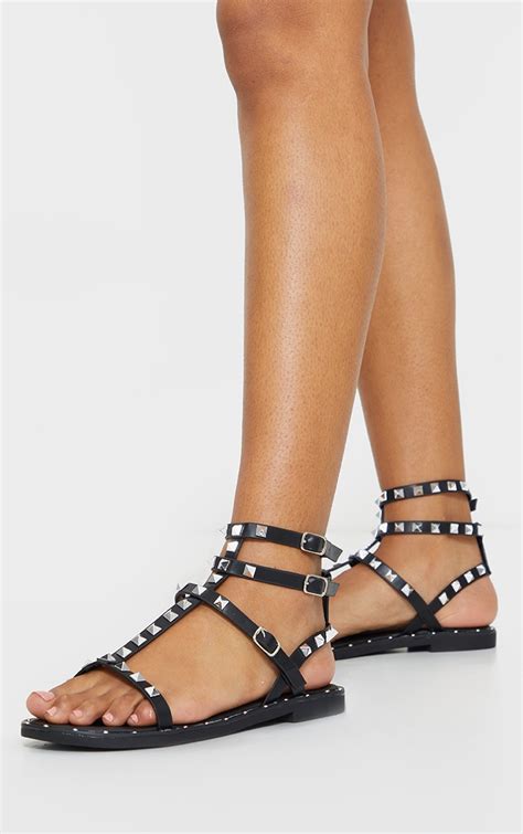 Black Pu Studded Gladiator Sandals Shoes Prettylittlething