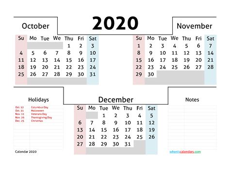 3 Month Calendar Printable October November December 2020