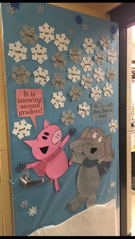 Having classroom door decorations is a great way to welcome your students, make your learning environment warm and inviting, and show off your. Elephant & Piggie Winter Classroom Door | School door ...