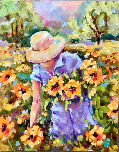Original Painting Woman Gathering Sunflowers11x14 Painting