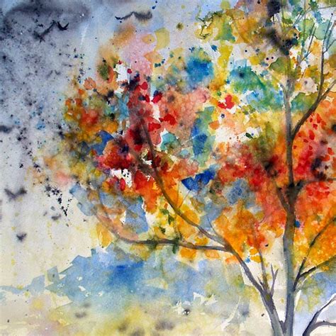 Expressive Autumn Tree With Birds Flying Away Original Watercolor
