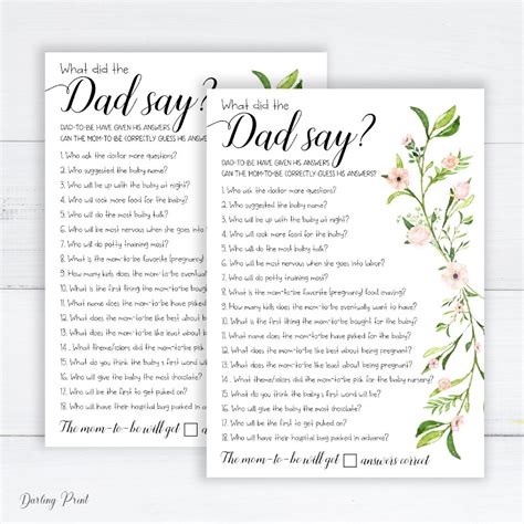 What Did The Dad Say What Did The Daddy Say Baby Shower Game Baby