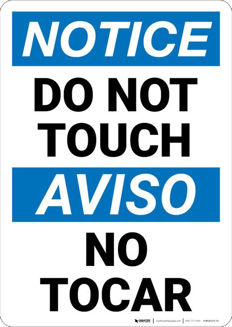 Notice Do Not Touch No Tocar Bilingual Spanish Wall Sign Creative