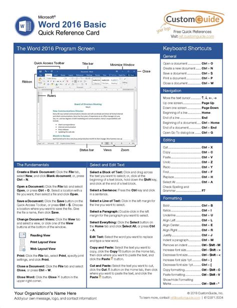 Microsoft Word 2016 Basic Quick Reference Card Free Customguide Guide