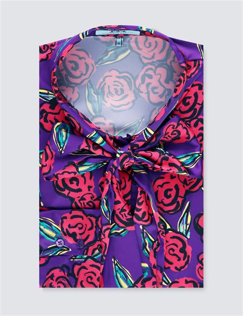 Satin Womens Fitted Shirt With Large Floral Print And Pussy Bow In Purple And Red Hawes