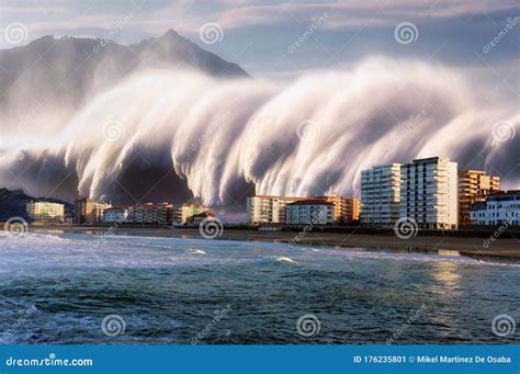 Tsunami With A Big Wave Crashing On Coast Stock Image Image Of